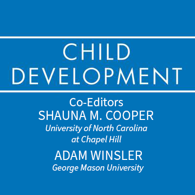 Square image with the Child Development Journal logo on a blue background. Interim Editor is Drs.Shauna M. Cooper and Adam Winsler